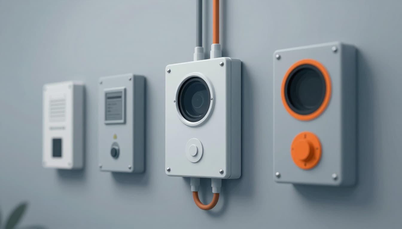 Modern illustration of an addressable fire control panel on a wall with connected modules and three nearby wireless sensors in a commercial building control room, using clean shapes and a palette of professional grays, blues, and oranges.