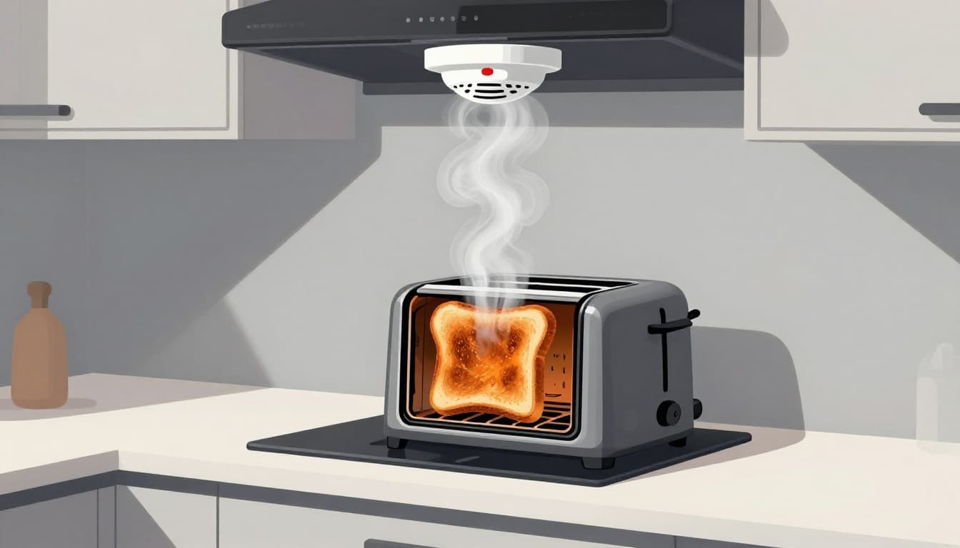 Burnt toast popping from a toaster on a kitchen counter with thick smoke rising directly to a ceiling-mounted smoke detector in a modern kitchen, illustration style.