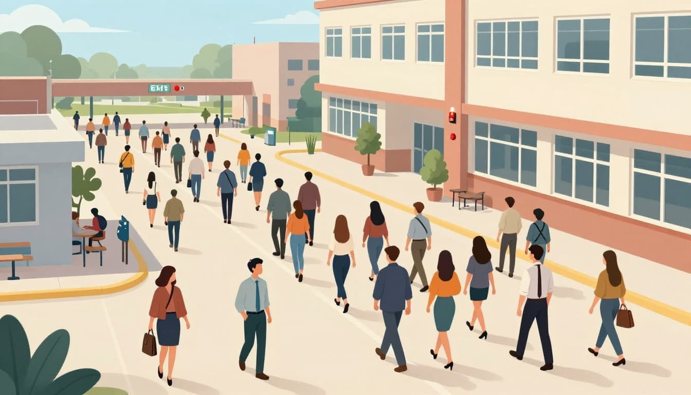 Modern illustration of diverse office workers and students calmly fast-walking organized evacuation routes from hallways, cafeteria, and offices to outdoor assembly points under 3 minutes amid flashing alarms, in school and office buildings.
