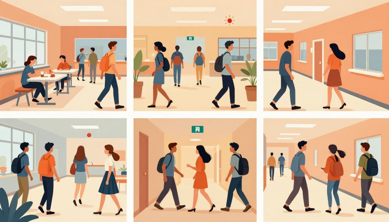 Modern illustration showing groups evacuating from varied locations at different times, representing surprise drill scheduling.