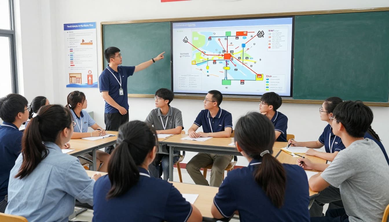 Illustration of a training session where staff and students review fire exit maps and routes together.