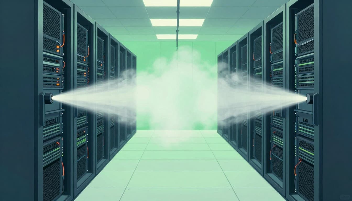 Modern illustration of clean agent gas releasing as a subtle mist in a server room with two racks of unharmed computers, suppressing electrical fire without residue or damage.