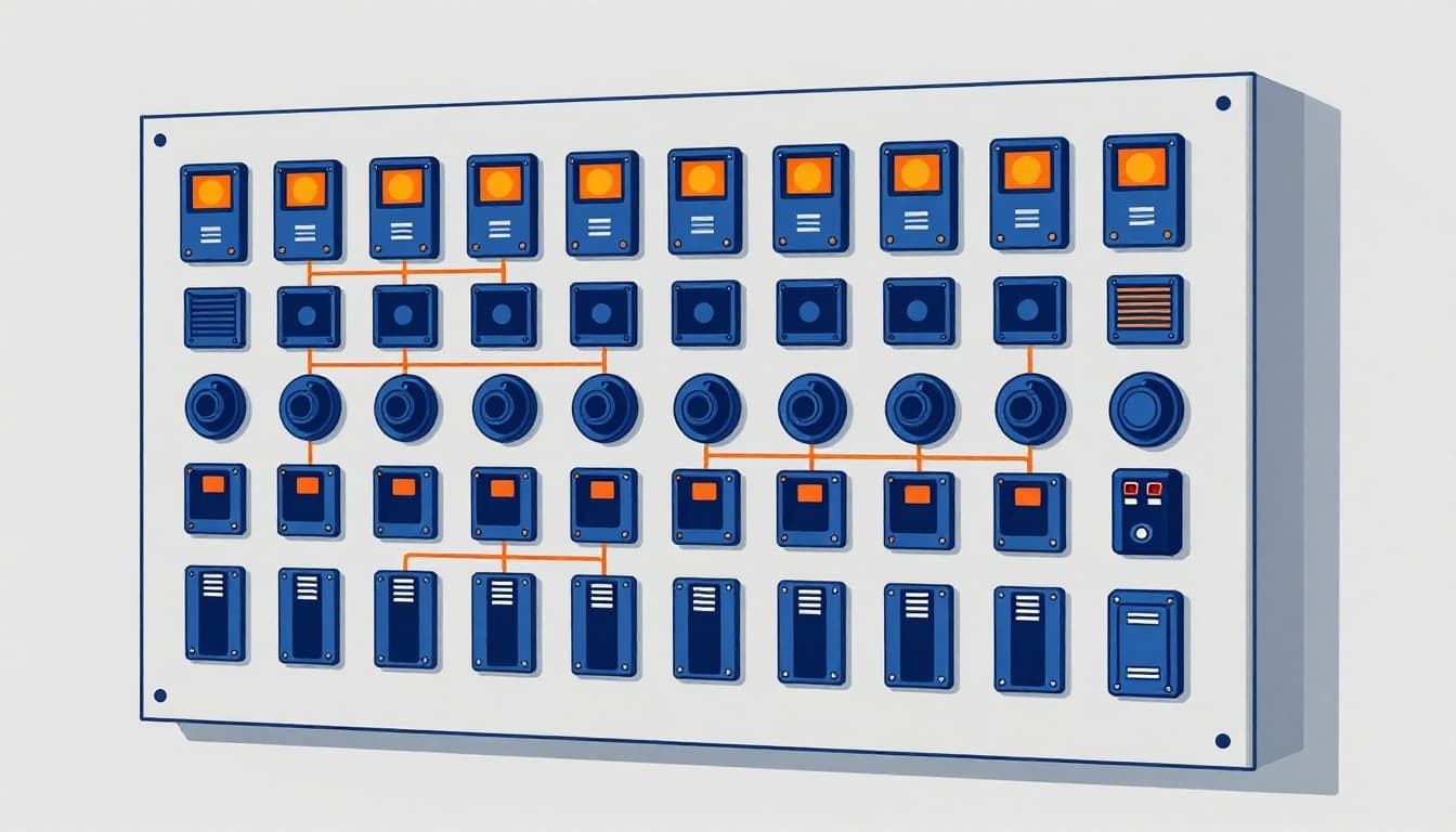 Modern illustration of a conventional fire alarm control panel in a simple office building, displaying multiple lit zones connected to smoke detectors and pull stations via straight wiring lines or loops.