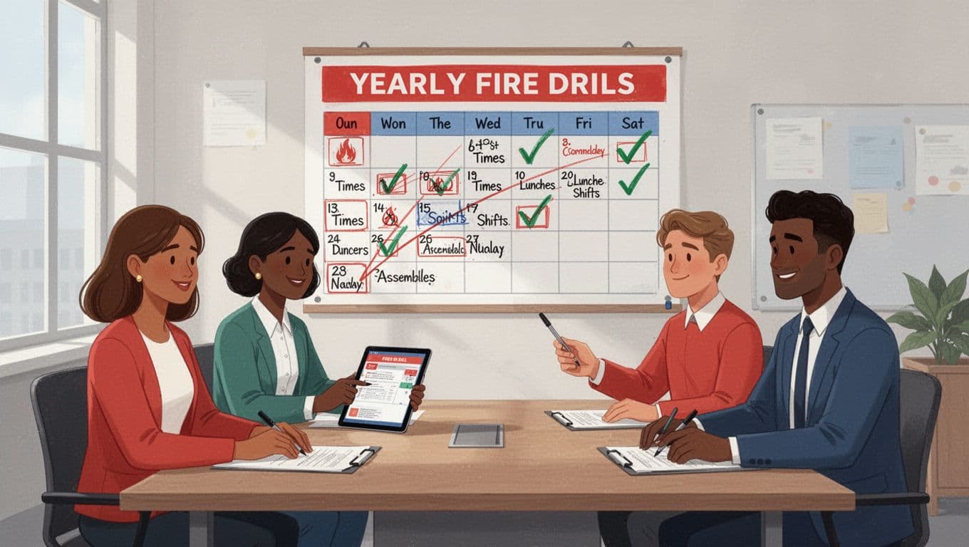 Modern illustration of a diverse team of four professionals—two women and two men—at a desk in an office conference room, reviewing a yearly fire drill calendar on a wall and tablet, marking varied dates times shifts lunches assemblies with checkmarks.