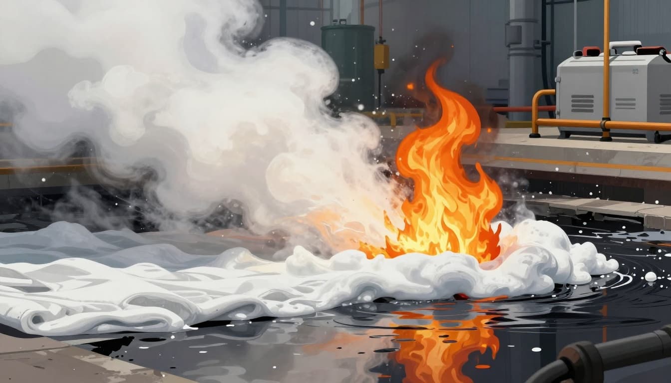 Modern illustration of expanding foam smothering a gasoline pool fire in an industrial storage area, with thick white foam cutting off oxygen using clean shapes and neutral tones accented by orange flames.