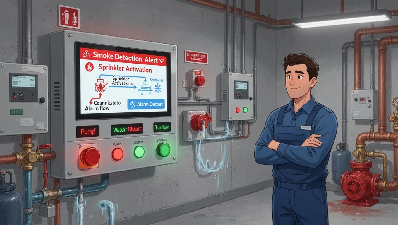 Modern illustration of a fire alarm control panel in a utility room displaying smoke detection alert, sprinkler activation, alarm output, and pump water flow status, with one technician monitoring nearby.