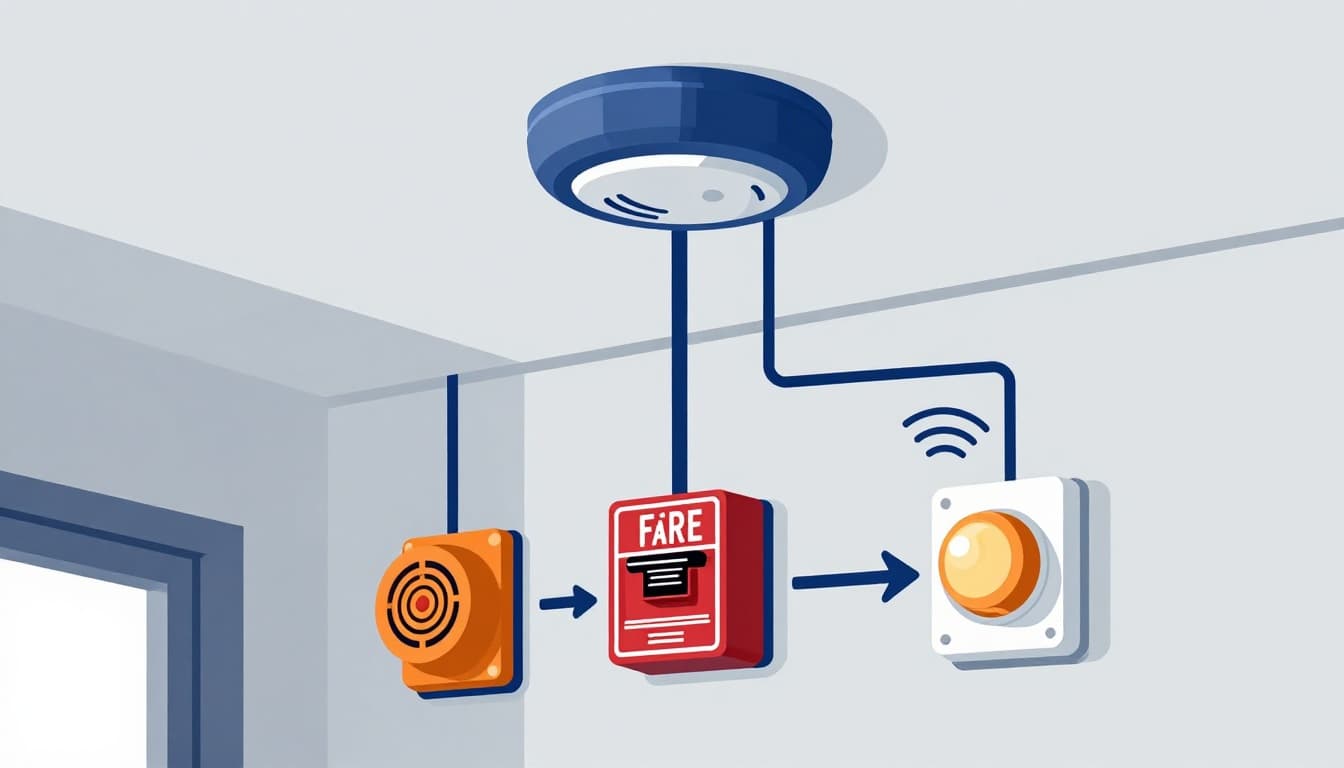 Modern illustration of fire alarm system components in a home interior, featuring smoke sensor, heat sensor, central control panel, siren, strobe light, and battery backup, with arrows showing detection flow to alarm activation.