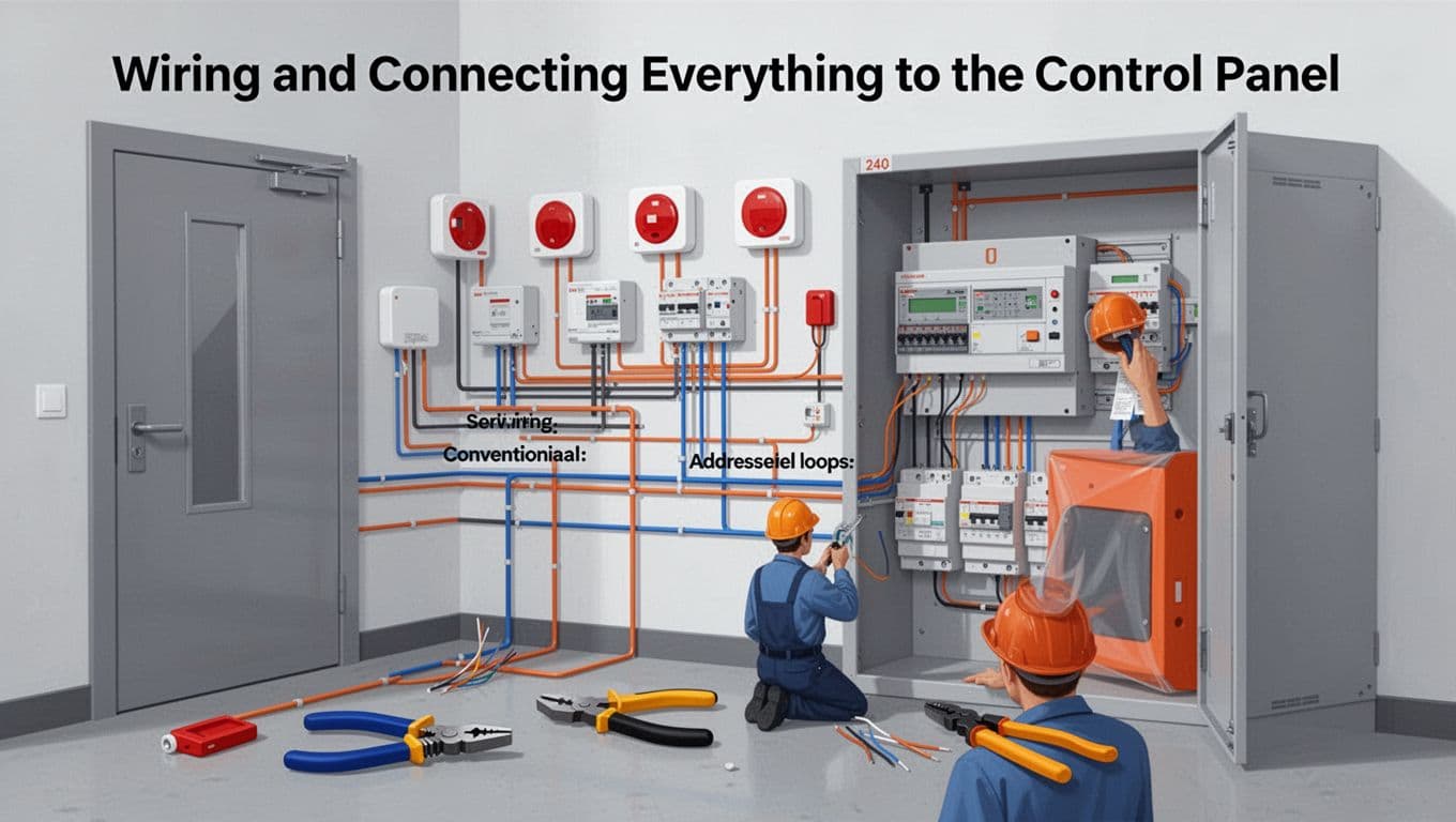 Modern illustration showing a technician wiring fire alarm devices to a control panel in a secure room, with zoned wiring for conventional and addressed loops for addressable, tools nearby.