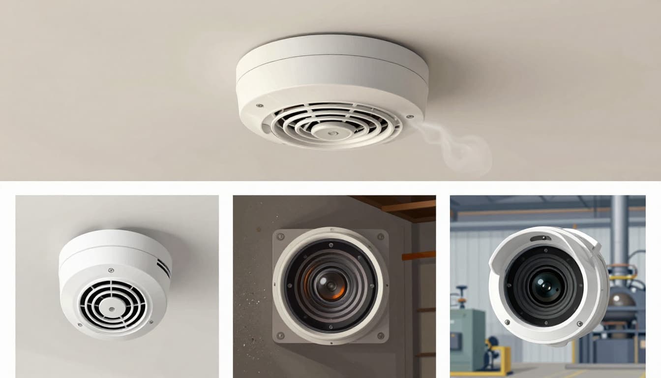 Modern illustration split into three panels showing a smoke detector on a home ceiling with faint smoke, a heat detector in a dusty warehouse corner, and a flame detector overlooking industrial machinery.