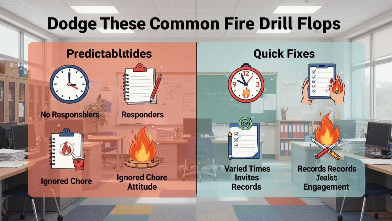 Modern illustration of common fire drill pitfalls like predictable timing and ignored checklists, contrasted with fixes such as varied schedules and engagement, using icons in split school-office scenes.