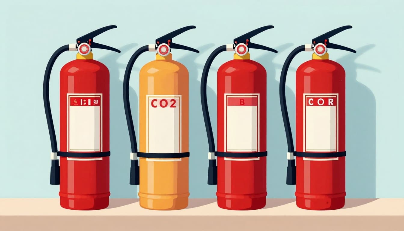 Modern illustration depicting four common fire extinguishers side by side on a neutral shelf: red ABC dry chemical canister, white CO2 cylinder, pale yellow wet chemical tank, and light blue foam unit in a workshop setting.