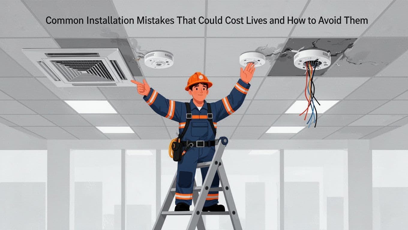 Modern illustration of a fire safety technician on a ladder pointing to common commercial ceiling mistakes: smoke detector too close to HVAC vent and loose wiring on another.