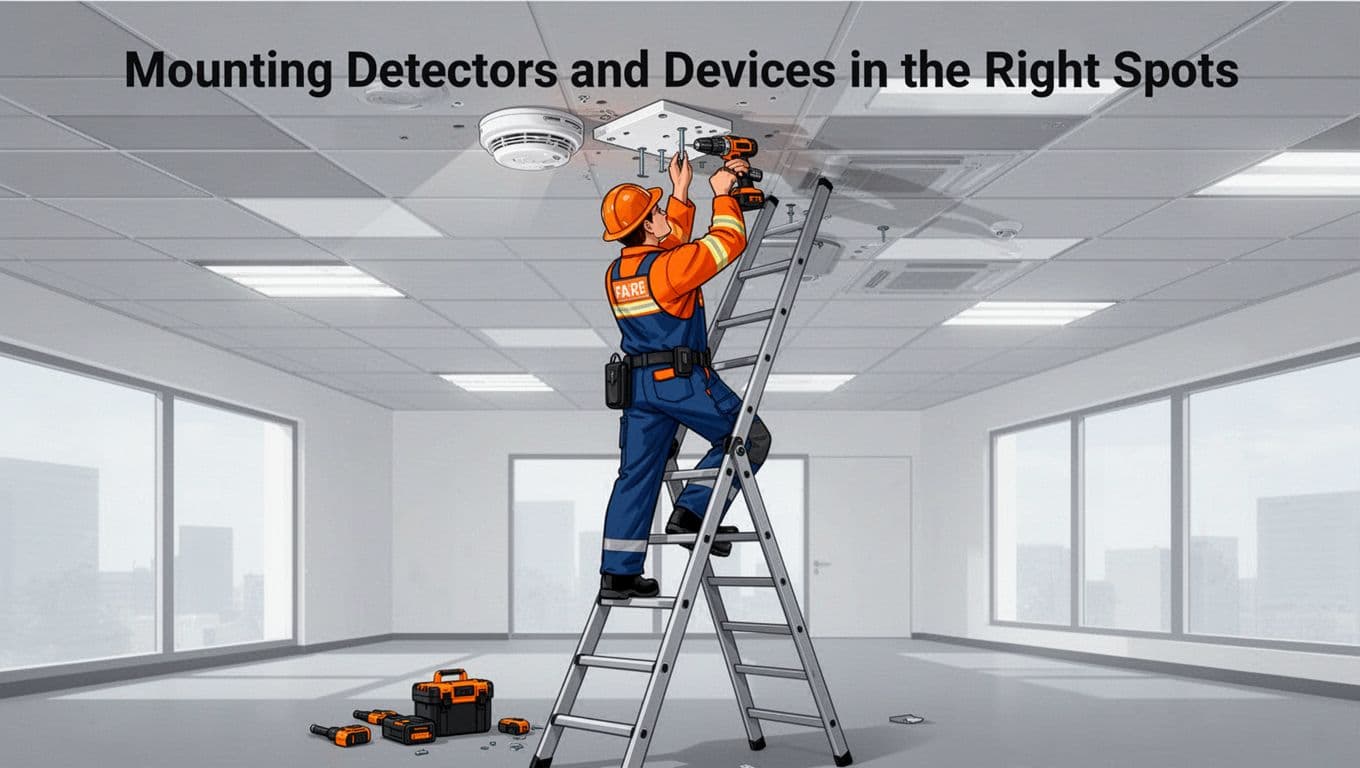 Modern illustration of a fire safety technician on a ladder mounting a detector base plate high on a commercial ceiling, securing it with screws using a drill. Tools on the floor, clean professional palette of grays, blues, and oranges.