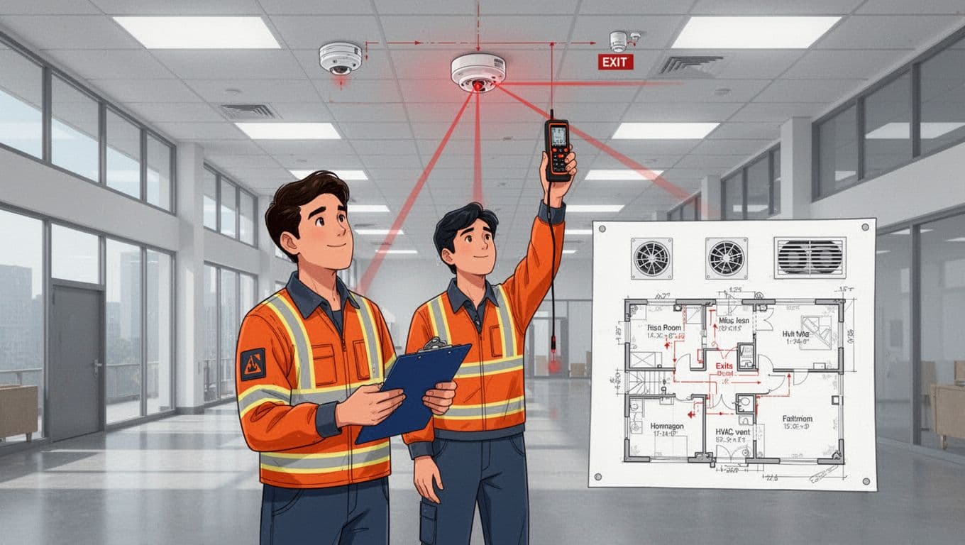 Modern illustration of a fire safety technician in a large commercial building interior, holding a clipboard and laser distance measurer while checking the ceiling for detector placement and mapping exits and HVAC vents on a floor plan.