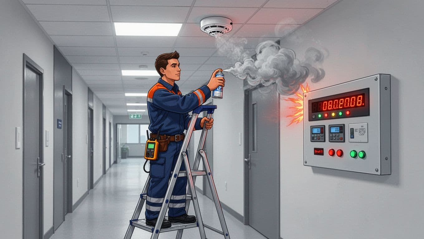 Fire safety technician on a ladder uses canned smoke aerosol to test a ceiling-mounted smoke detector in a commercial building hallway, activating annunciator lights on a nearby control panel with battery tester on belt.