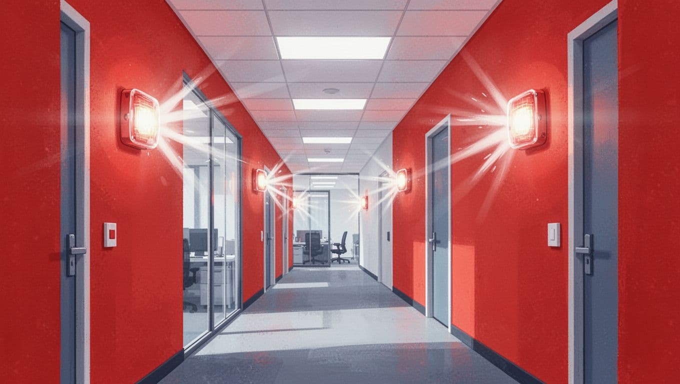 Modern illustration of visual fire alarm strobes flashing in a corridor of an office building, bright white flashes against red walls, clean shapes, controlled palette of red white blue, strong diagonal composition, sync flashes shown.