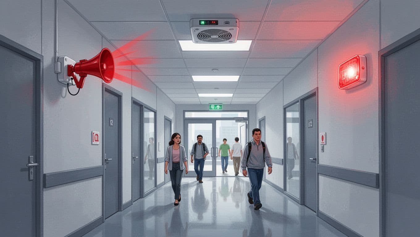 Modern illustration of a commercial building hallway during evacuation, showing one sounding horn, one flashing strobe light on the wall, and one ceiling speaker for voice alert, with few people moving calmly toward the exit in a wide-angle view under bright lighting.