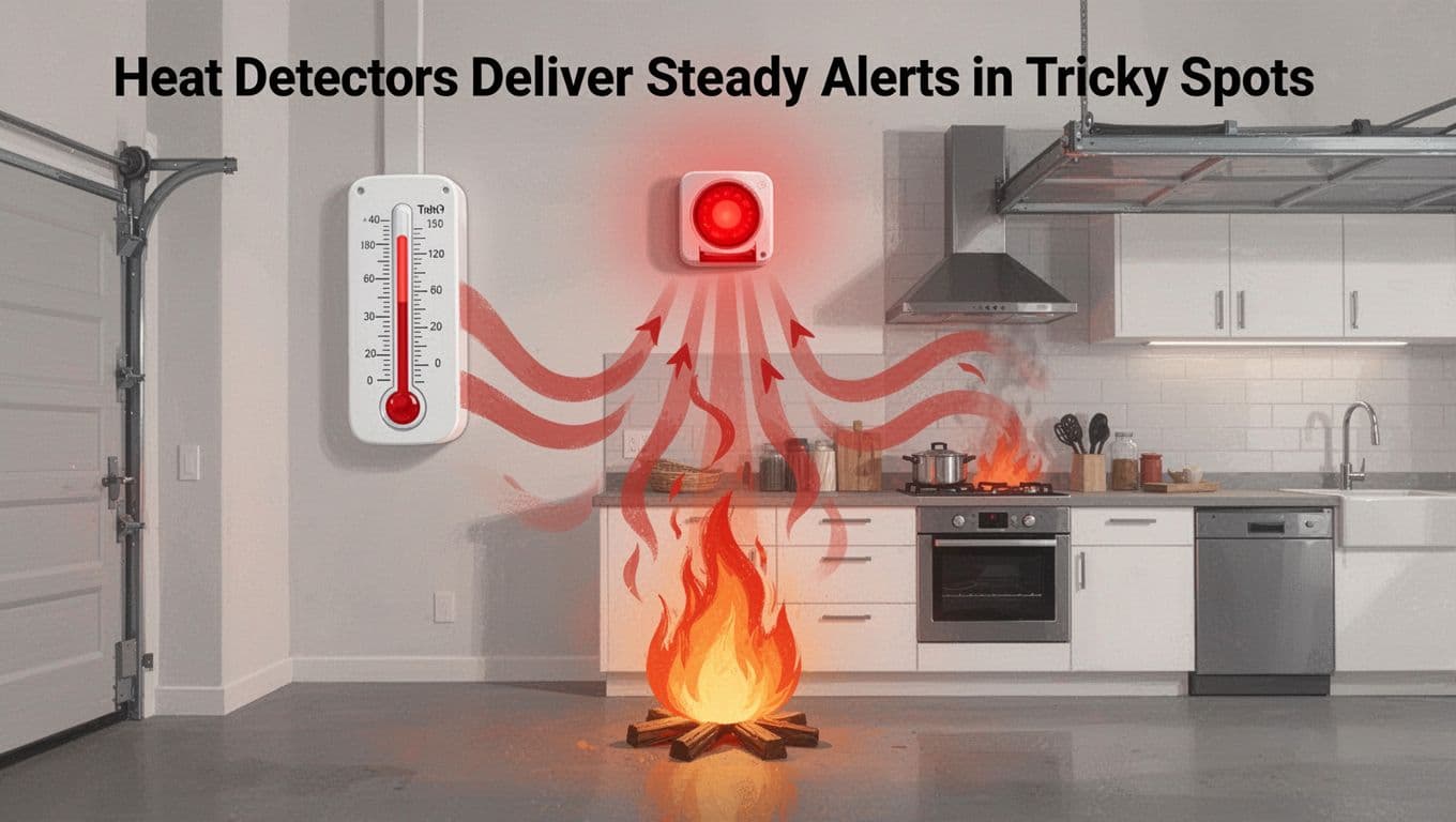 Modern illustration of a heat detector in a kitchen garage sensing rising temperature from a small fire, with rising thermometer and activating alarm.