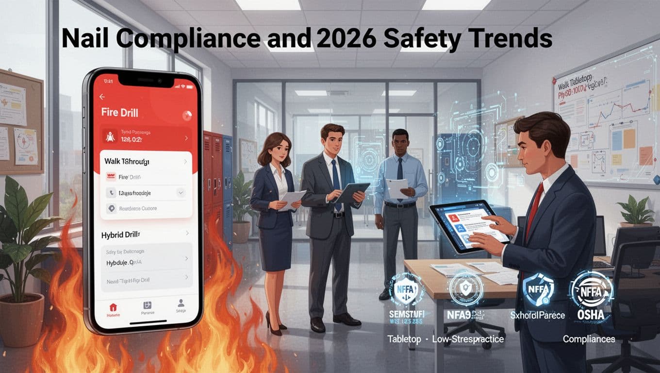 Modern illustration of a mobile app on a phone for fire drill scheduling combined with hybrid walk-through and tabletop drill scenes, featuring three staff members using a tablet in a futuristic office-school space with NFPA and OSHA compliance icons.