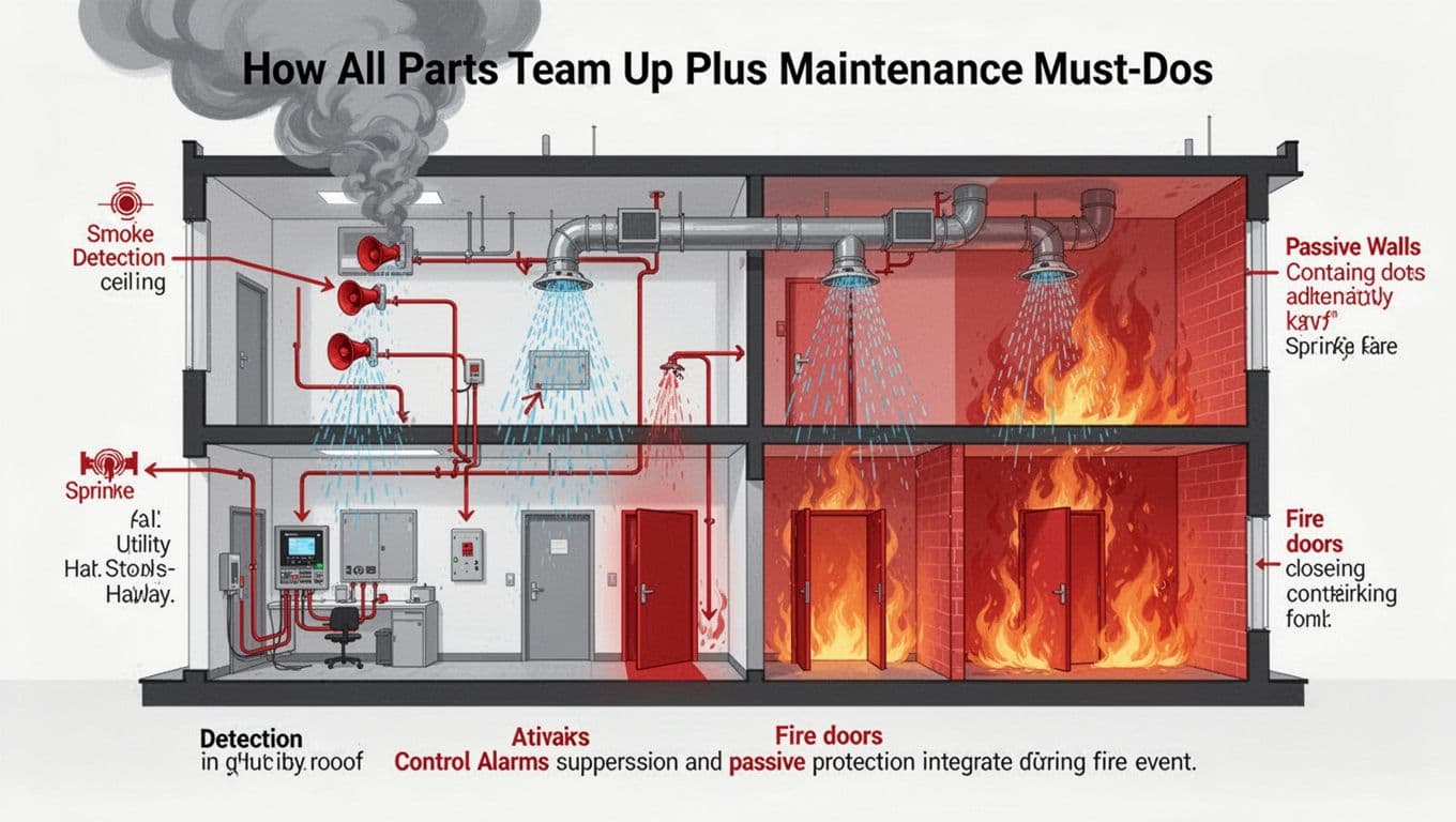 Modern illustration depicting an integrated fire protection system flow in a building cross-section, where smoke detection triggers the control panel, activating alarms, sprinklers, fire doors, dampers, and passive walls to contain the fire.