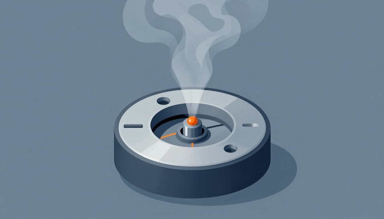 Modern illustration of an ionization smoke detector cutaway view showing americium source between metal plates with air ions flowing, smoke particles disrupting the current; clean shapes, controlled color palette of blues grays and oranges, strong composition with central focus on the chamber, soft lighting, no text, no people, no extra objects.
