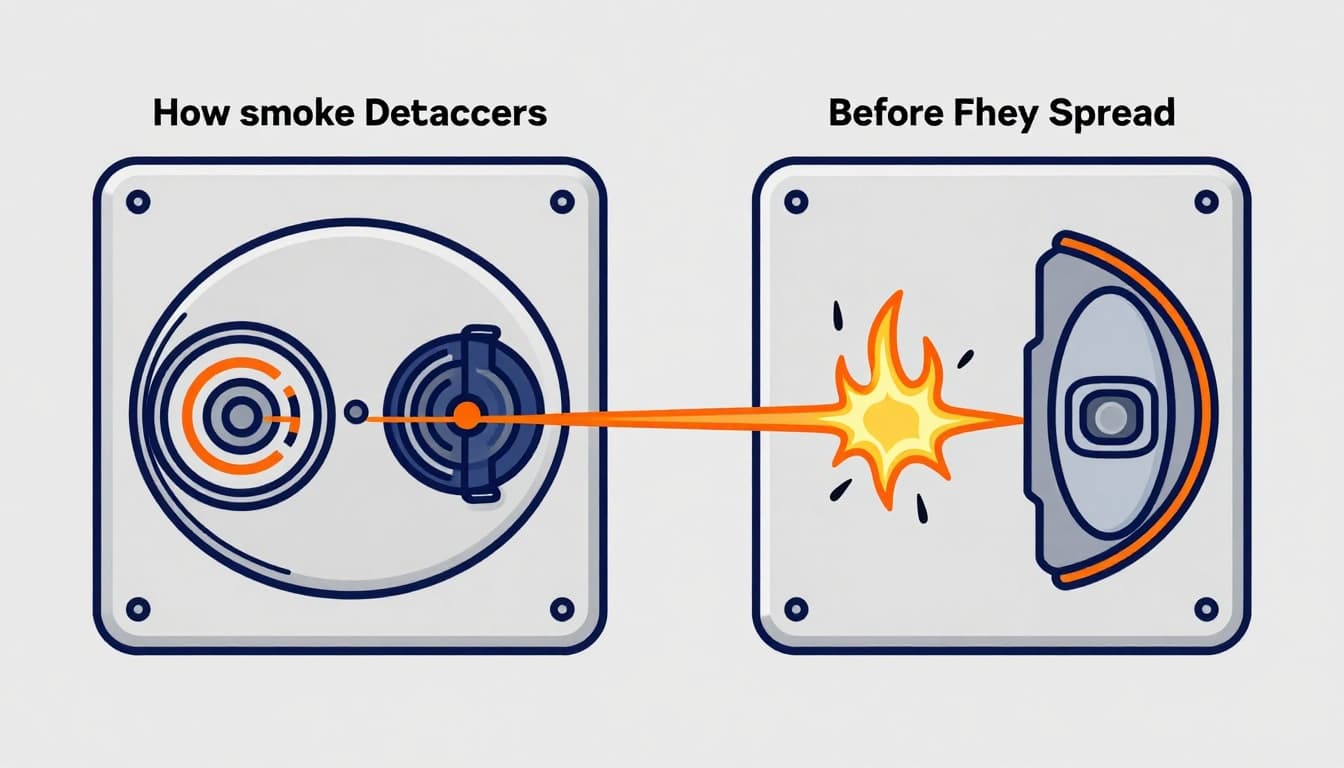 Modern side-by-side cross-section illustration of an ionization smoke detector with americium ions disrupted by fast flaming smoke particles and a photoelectric detector with light beam scattered by smoldering smoke particles.