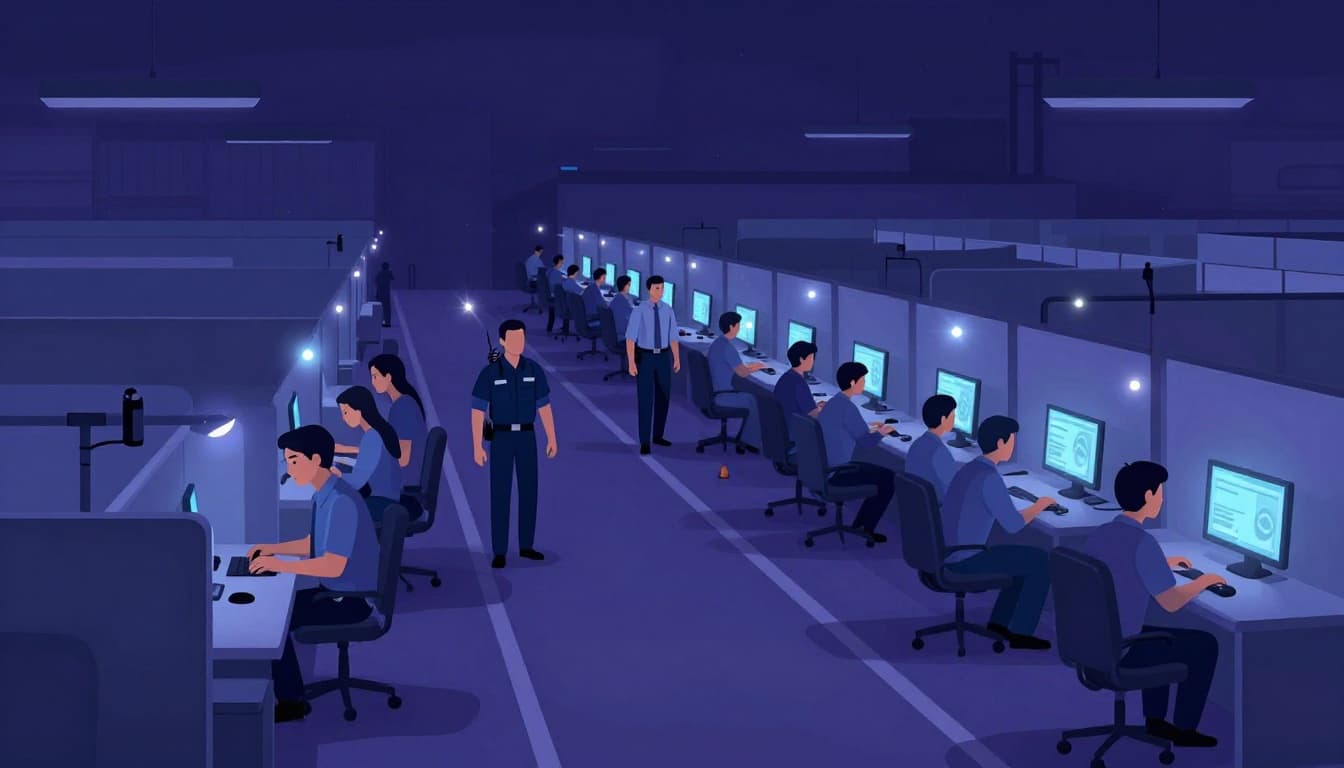 Modern illustration depicting exactly 12 night shift workers calmly evacuating a dimly lit office or warehouse under flashing strobe lights, following marked routes to an assembly area, with a leader using a radio and a coded voice alert speaker.