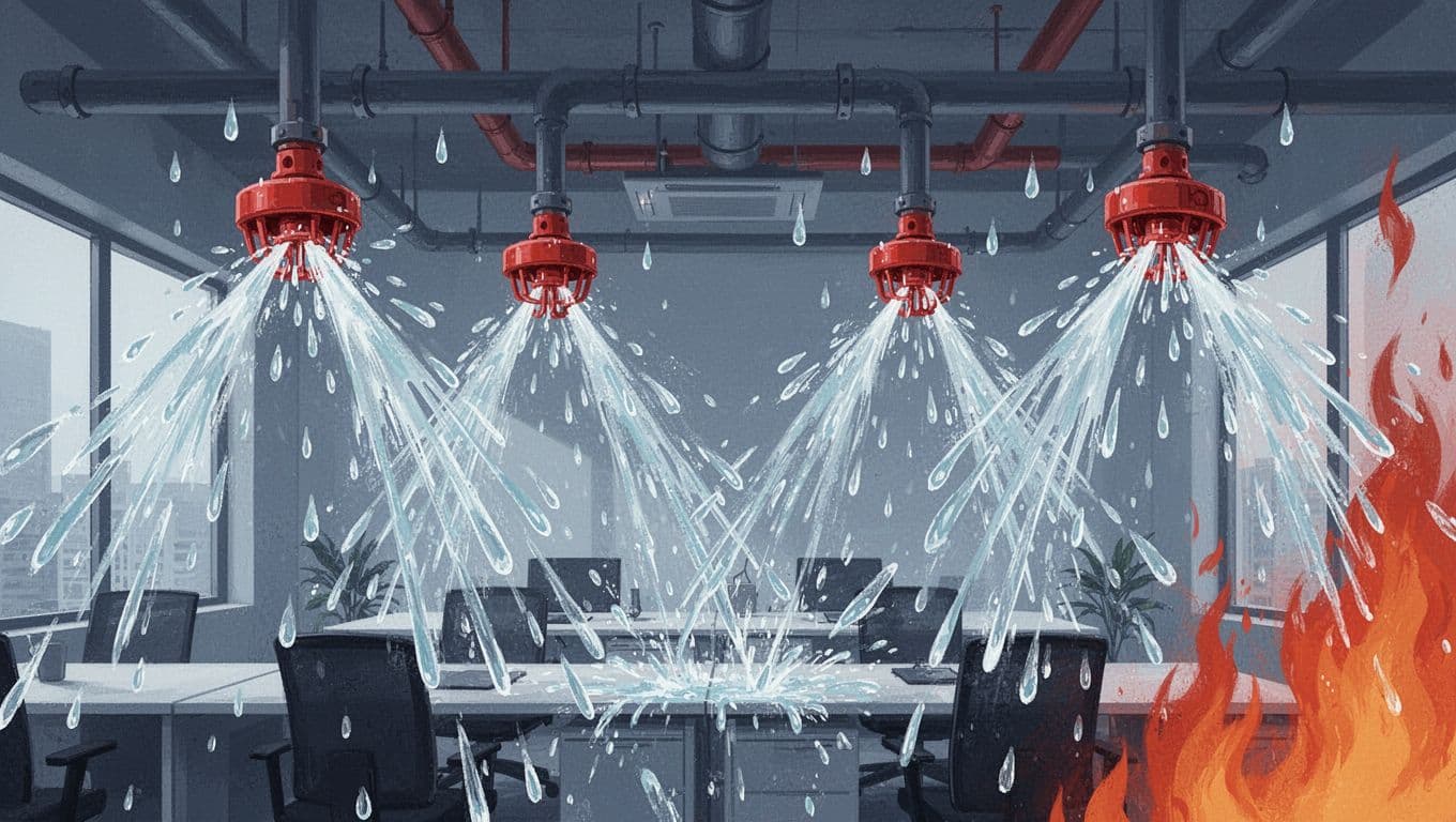 Modern illustration depicting four sprinkler heads activating with water spray in an office room, featuring ceiling pipes and dynamic water droplets in blues and reds.