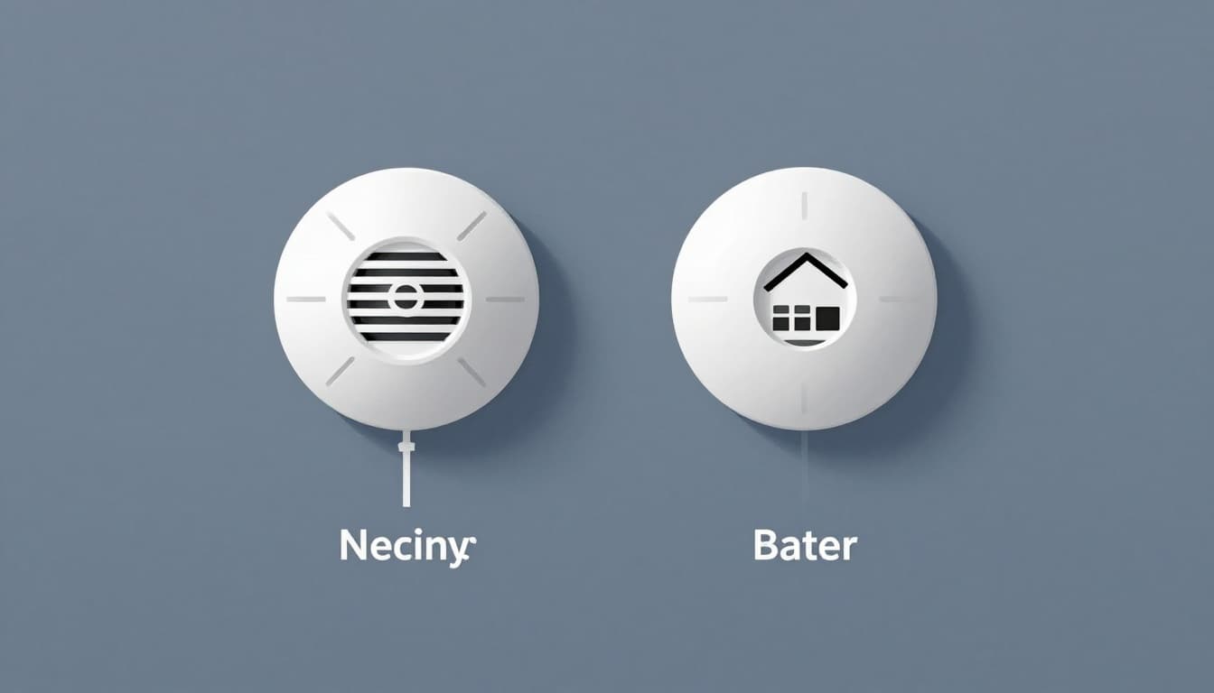 Modern illustration depicting ideal smoke detector positions on the ceiling near bedrooms, away from the kitchen, in a top-down house layout with interconnected wiring.