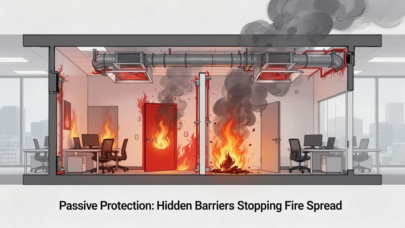 Modern illustration in clean shapes showing a building cross-section where fire in one office room is contained by a closed fire-rated door, fire-rated wall partition, intumescent seals around cable penetrations, and a fire damper in the HVAC duct.