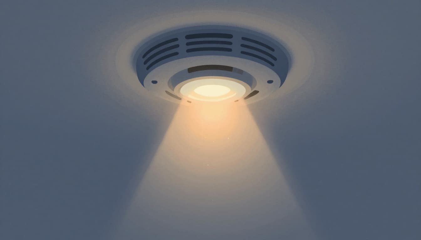 Modern illustration of a photoelectric smoke detector internal view with light beam in chamber scattered by smoke particles onto sensor; clean shapes, controlled blues grays oranges palette, strong composition centering the light scatter, soft even lighting, no text, no people, no logos.