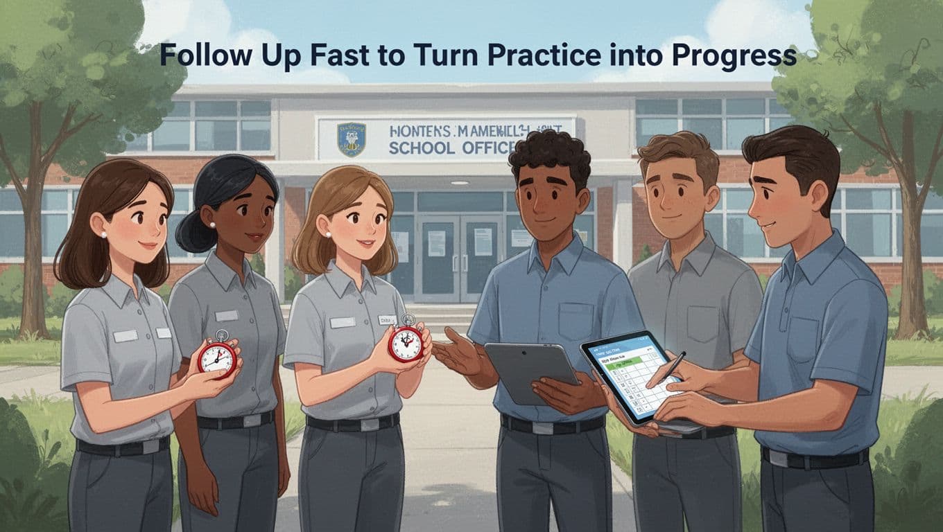 Modern illustration featuring exactly six diverse staff members (three women, three men) at an outdoor assembly point after a fire drill. One woman holds a stopwatch displaying evacuation time, one man logs issues on a tablet, while the group huddles in calm, focused debriefing against a soft school office building background.