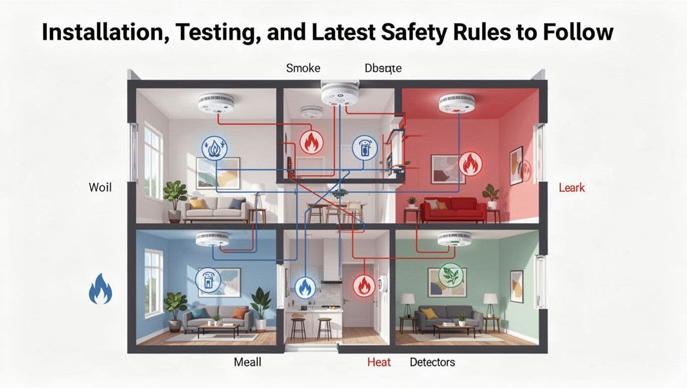 Modern illustration of proper installation of smoke and heat detectors in a home layout, with detectors on ceilings and walls in different rooms, interconnection lines.