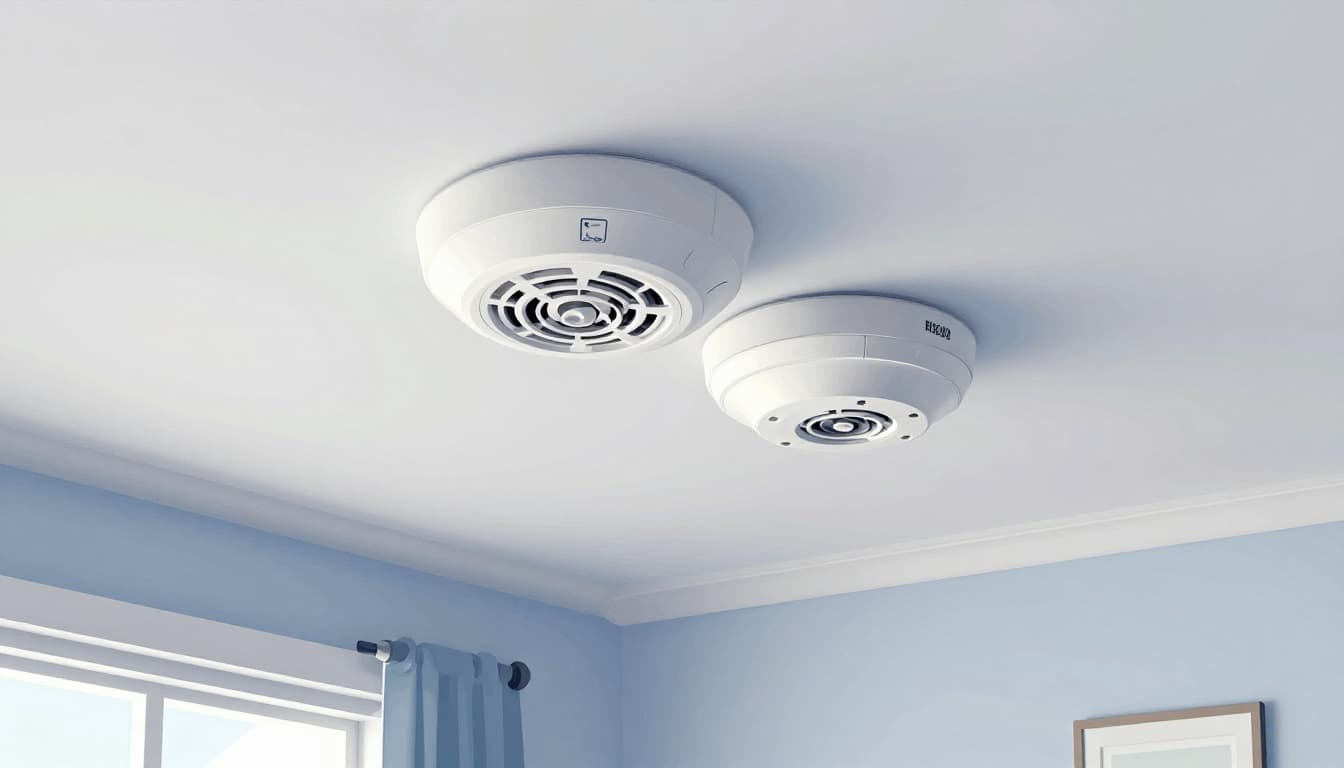 Modern illustration of two ceiling-mounted fire detectors—one smoke ionization style and one heat detector—in a simple residential bedroom ceiling with cozy home interior background.