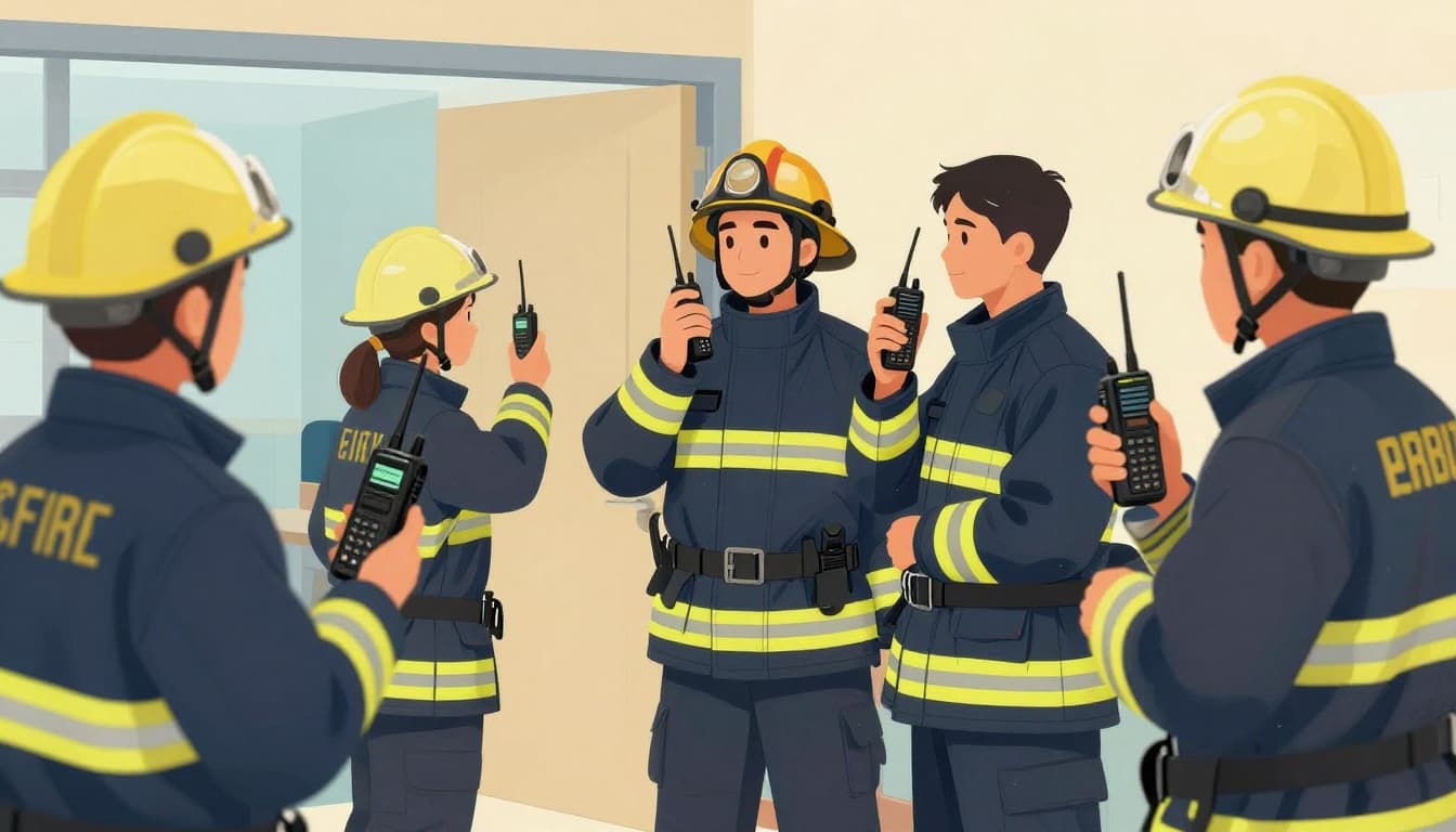 Modern illustration of five fire wardens and leaders in a school hallway using handheld two-way radios during a fire drill, one signaling all clear, another reporting an issue, with backups holding spare radios for calm coordination.