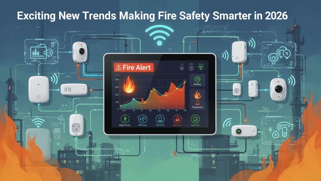 Modern illustration featuring a clean, futuristic smart building control panel screen displaying a fire alert with graphs and icons, connected to wireless sensors and IoT devices in the background schematic.