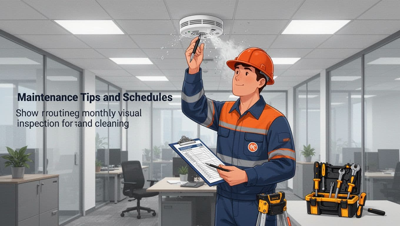 A fire safety technician inspects and cleans a smoke detector on the ceiling in an office building, checking records on a clipboard with maintenance tools nearby. Modern illustration style featuring clean shapes and a professional color palette of grays, blues, and oranges.
