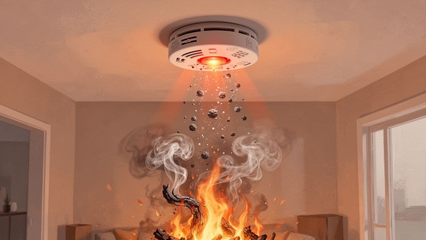 Modern illustration of a smoke detector on a ceiling sensing rising smoke particles from a smoldering fire below, with flashing alarm light in a simple home interior.