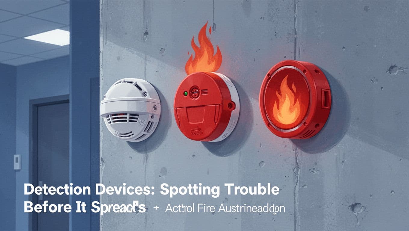 Modern illustration featuring smoke detector, heat detector, and flame detector mounted on a plain indoor building wall, side view with soft lighting and clean composition.