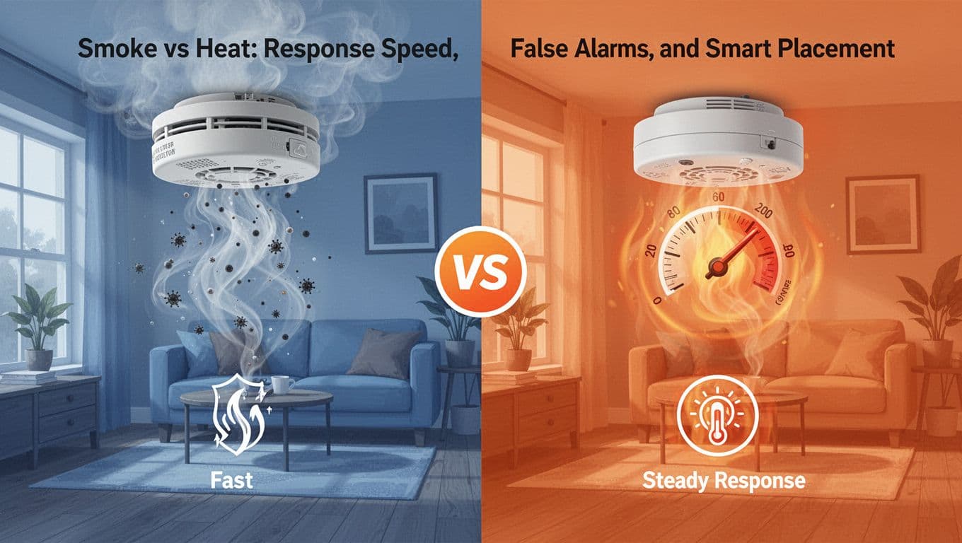 Modern illustration side-by-side comparing smoke detector with particles and heat detector with temperature gauge in home settings, featuring icons for fast vs steady response.
