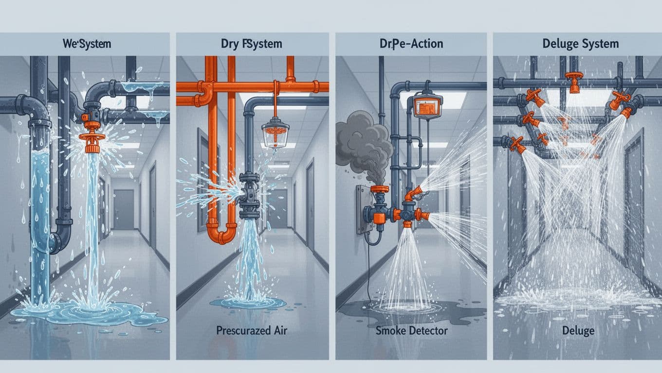 Modern illustration of four sprinkler types in a commercial hallway: wet pipe with burst sprinkler, dry pipe filling with water, pre-action triggered by smoke, and deluge spraying heavily.