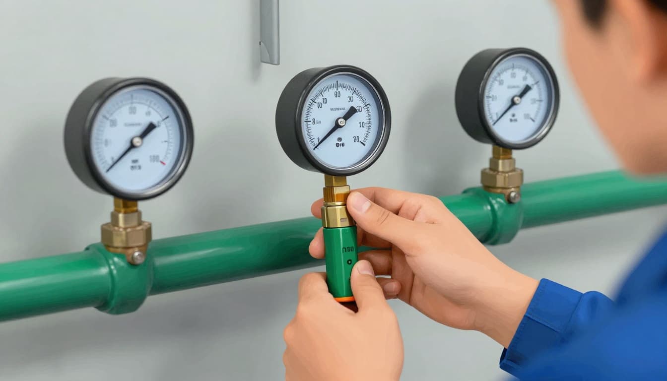 A single technician performs routine weekly supervision on a sprinkler control valve in a warehouse, with the pressure gauge in the green zone and clean, corrosion-free pipes. Modern illustration style features clean shapes, blues, grays, and oranges with even lighting.