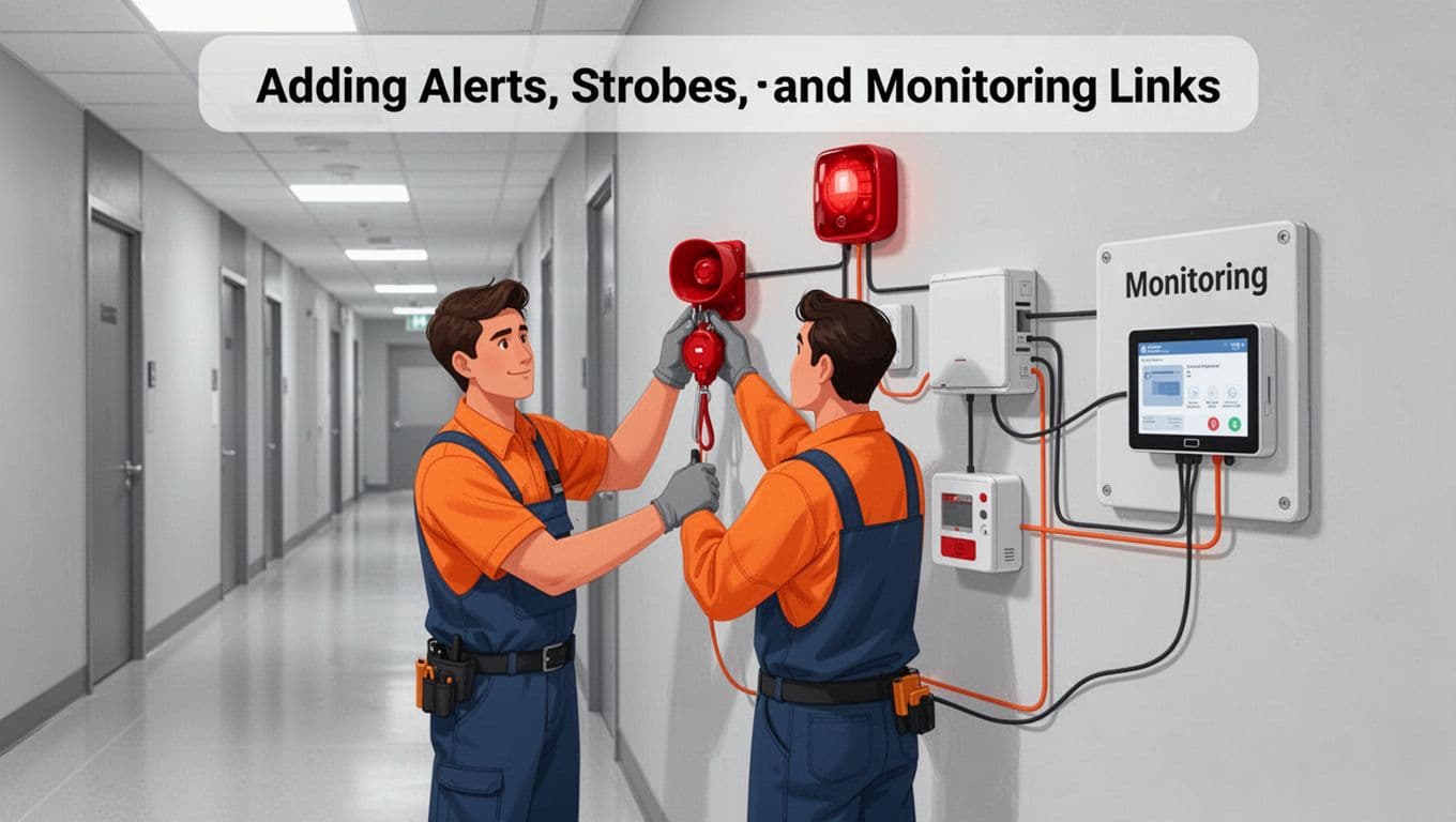 Modern illustration of a single technician installing a fire alarm pull station and horn strobe on the wall in a commercial hallway, connected to monitoring, using clean shapes in professional grays, blues, and oranges palette.