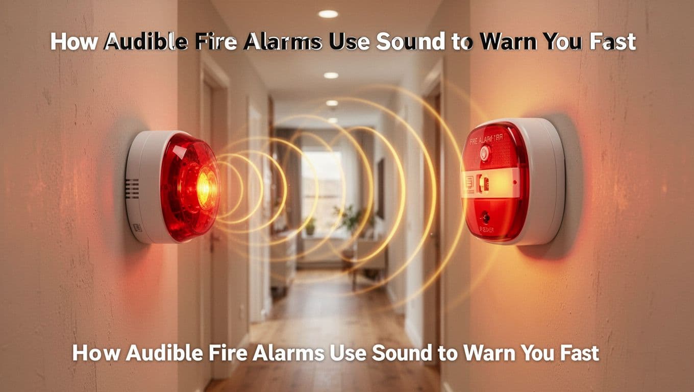 Modern illustration of a fire alarm siren mounted on a wall in a home hallway, emitting sound waves visualized as concentric circles in warm alert colors.