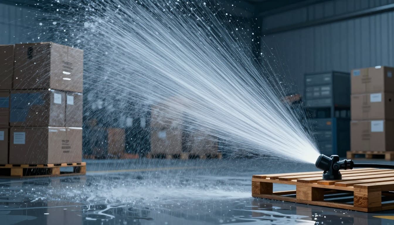 Modern illustration of water sprinkler heads releasing fine mist to cool and extinguish a small Class A fire on wooden pallets amid stacked boxes in a warehouse, using clean shapes in cool blue and white tones with a low-angle view focused on heat-absorbing droplets.